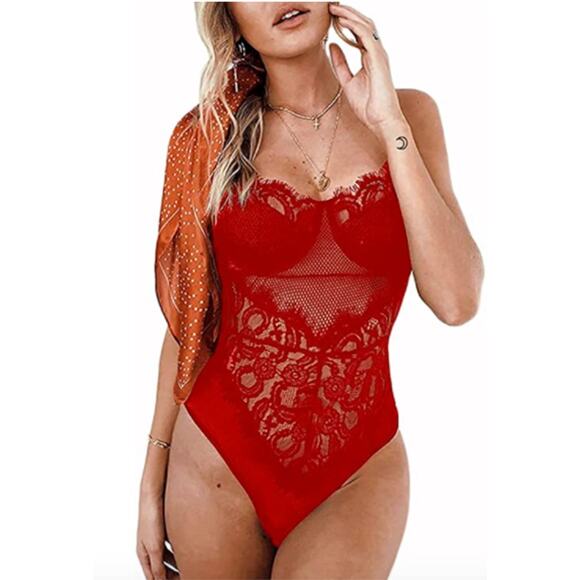 NWT kaei & shi see through lace red thong bodysuit lingerie sexy L lace intimate - Picture 1 of 9